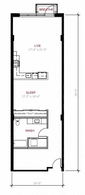 Floor plan for 1 bed, 1 bath, 918 sqft